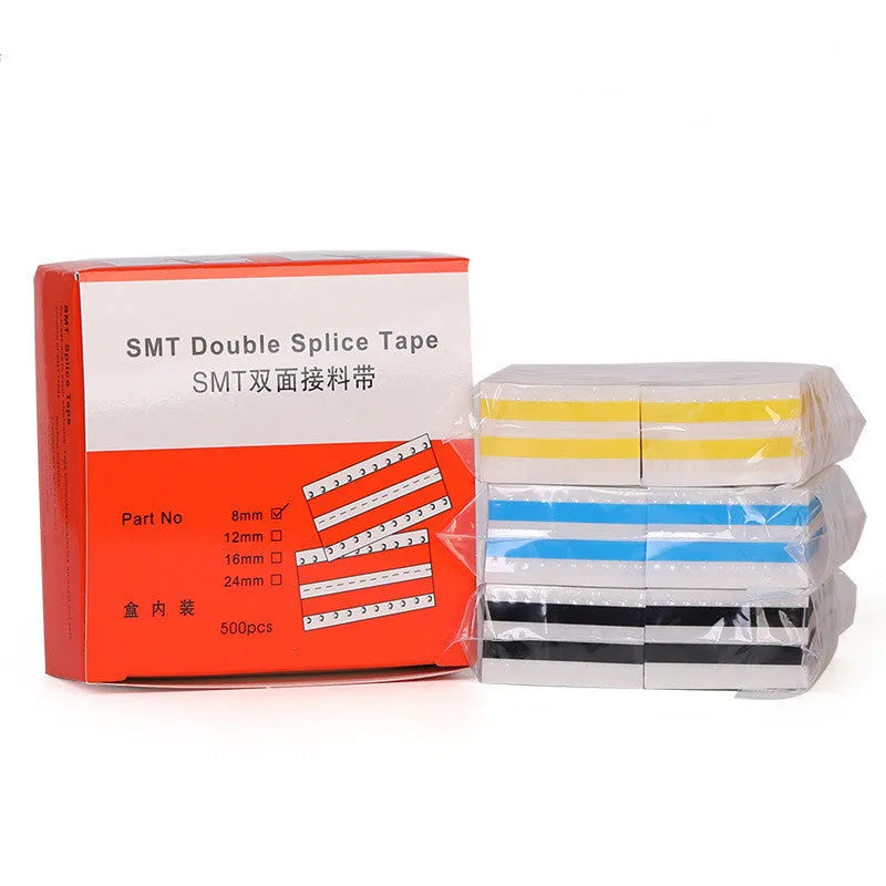 Rolls of yellow, black, blue, and gum coloured SMT double-sided splicing tape in various widths.