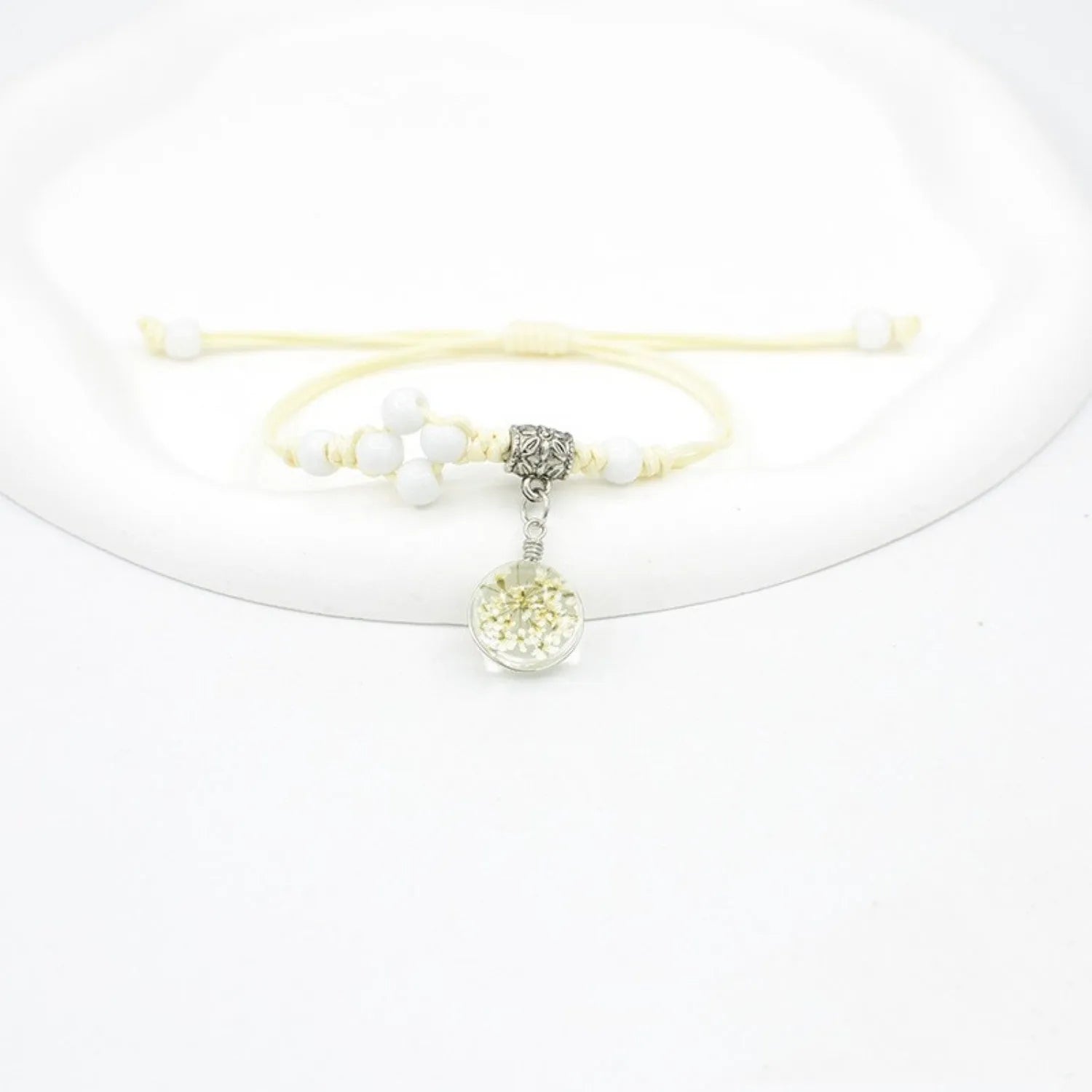 Women's hand-woven glass dried flower bracelet with large 1.4 cm beads in multiple colour options.