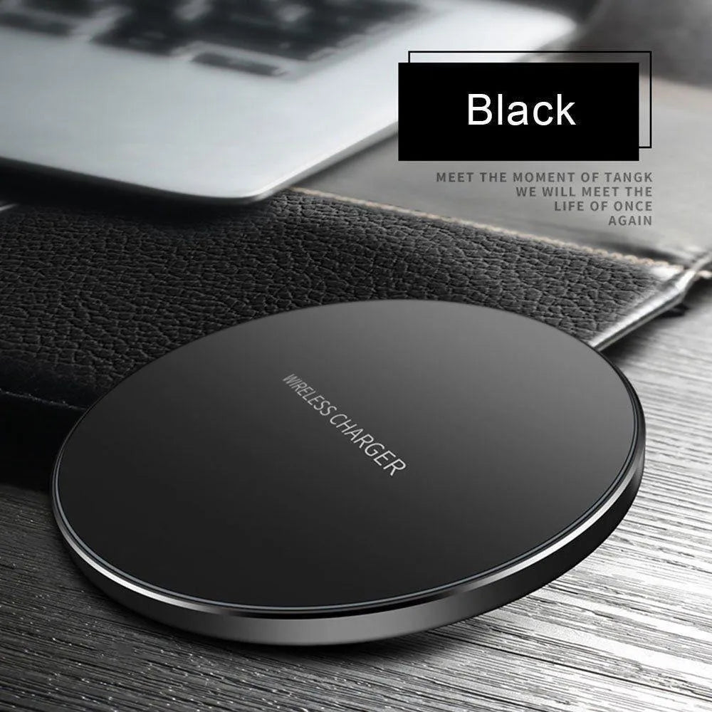 Ultra-thin black wireless charging pad measuring 98mm square with 6.5mm profile