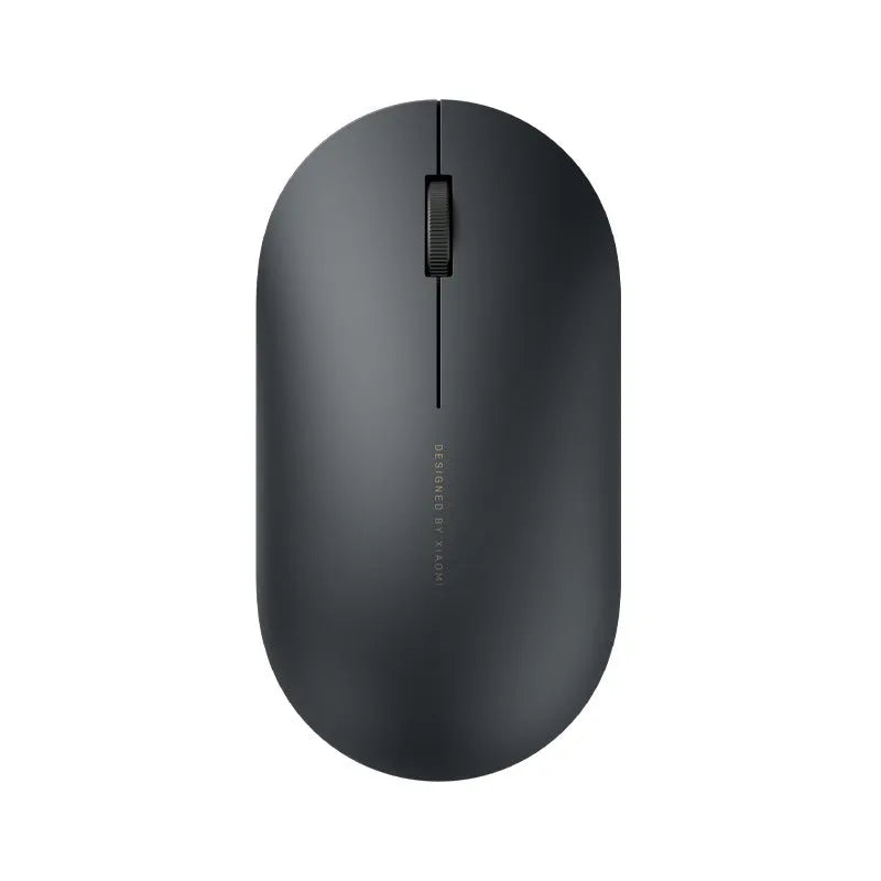 Ultra-thin grey wireless mouse with touch wheel and two buttons on plain background
