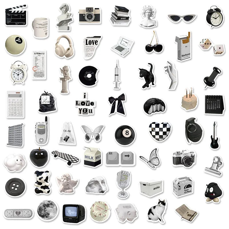 61 black and white PVC waterproof stickers for laptops, phones, luggage, and skateboards.
