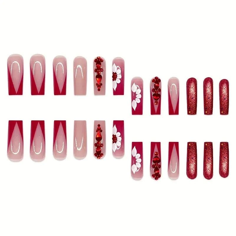 Sweet flowers prismatic red diamond fake nails with European Square long shape