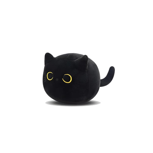 Black cat plush toy with fluffy fur and cushion design for napping