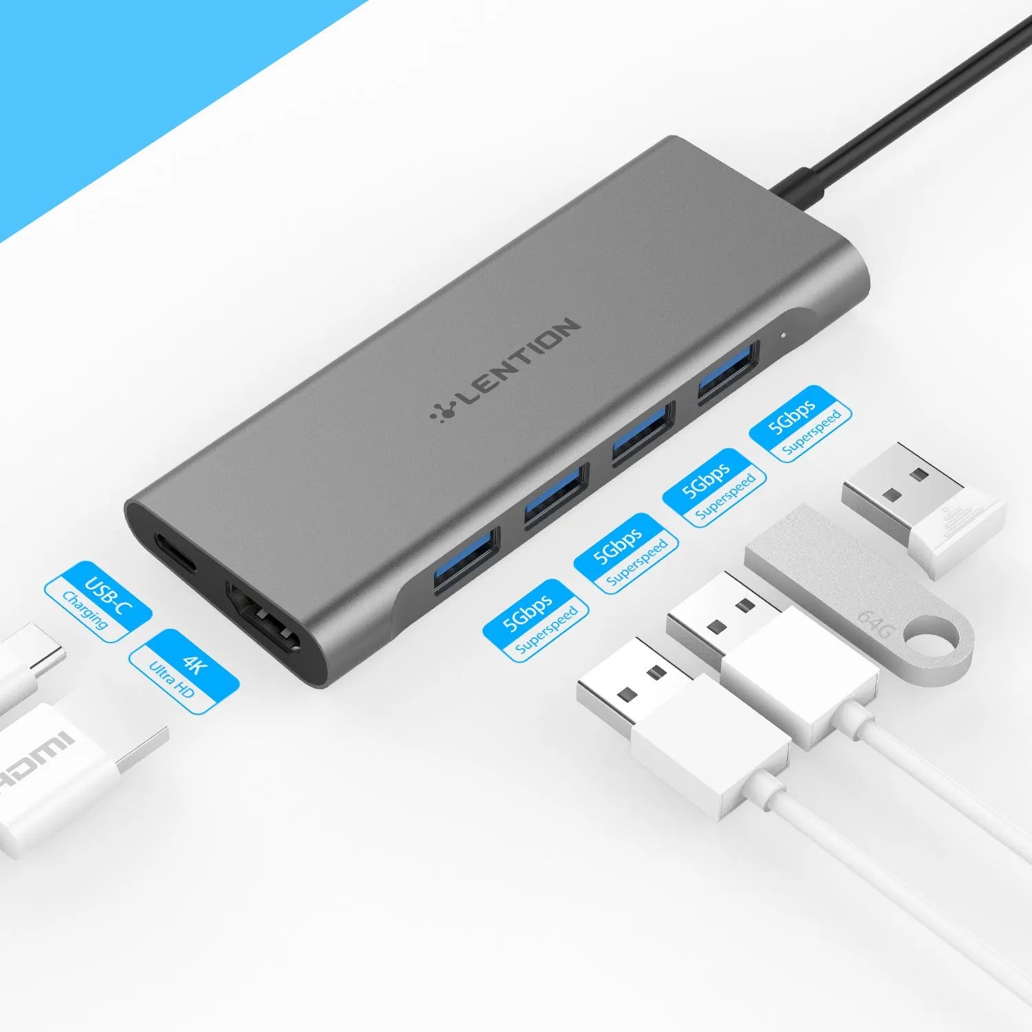 Lansheng USB Type C hub with four USB 3.0 ports and HDMI output in silver colour