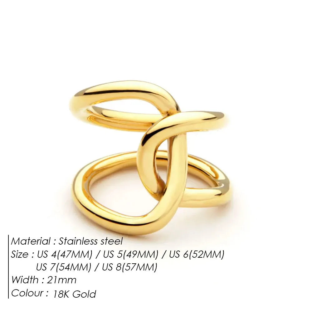 Adjustable stainless steel ring with knotted geometric design in gold or steel colour on finger