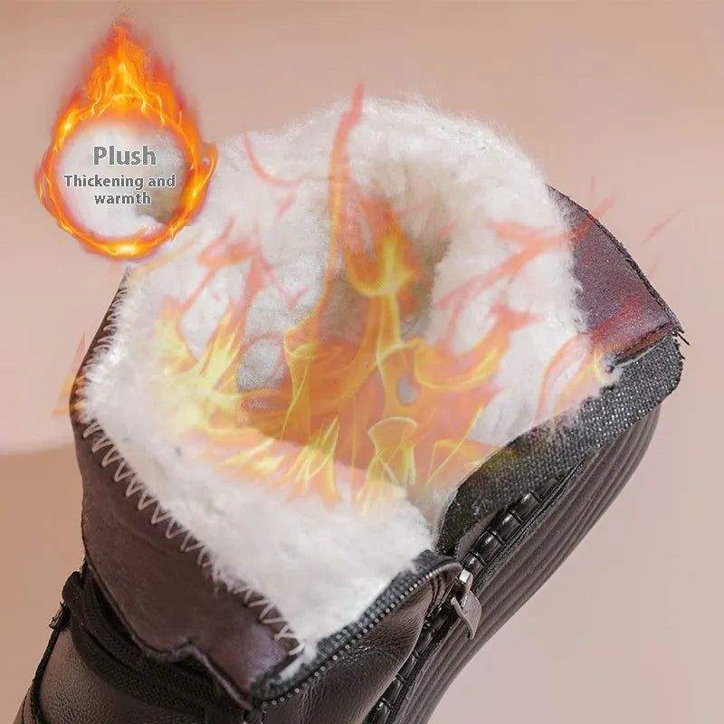Mother cowhide leather ankle boots with wool lining, platform heel, and side zipper in black