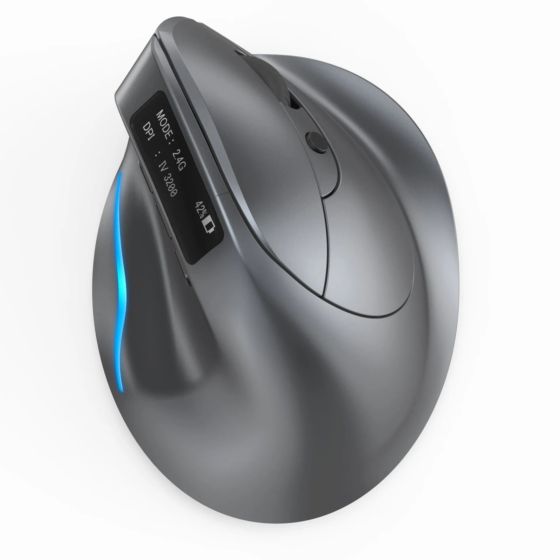Grey Bluetooth vertical mouse with handheld grip design and wireless charging capability