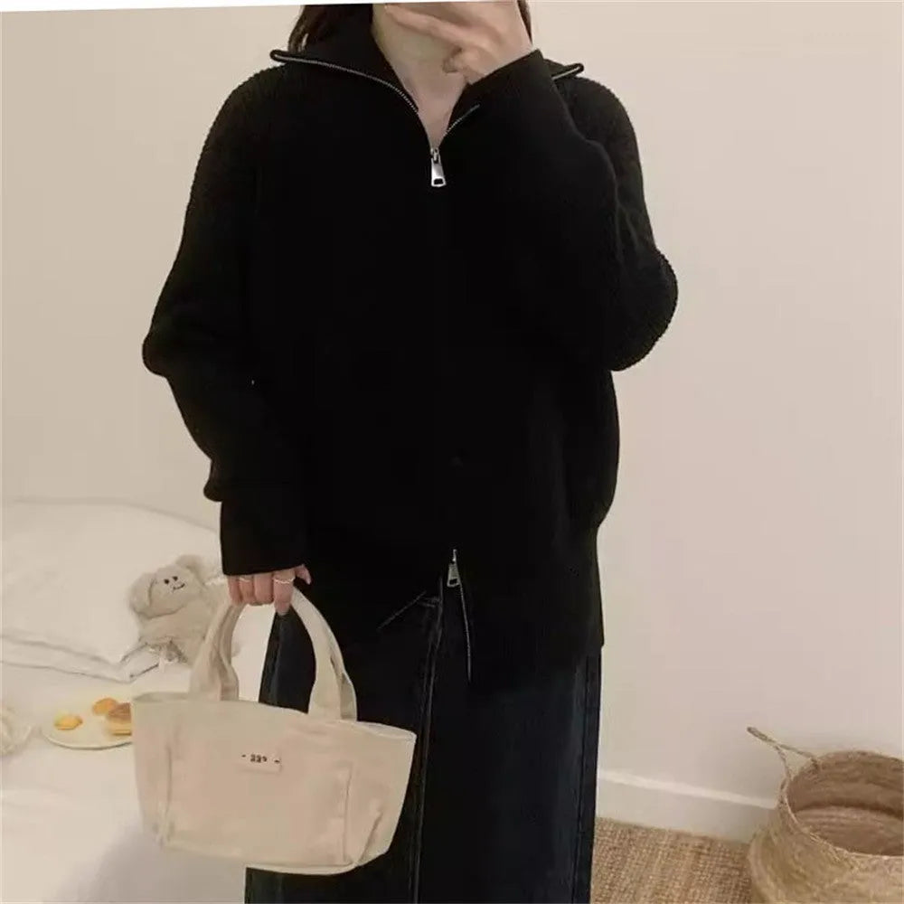 Hong Kong style grey double zipper knitted cardigan with floral pattern, loose fit.