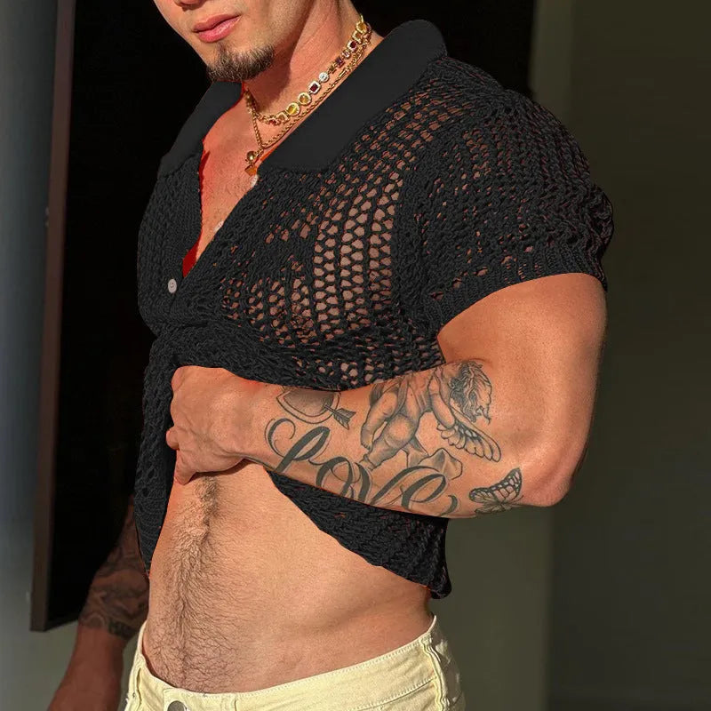 Men's solid black polyester jacquard lapel knitwear sweater for teenagers, front view, size L