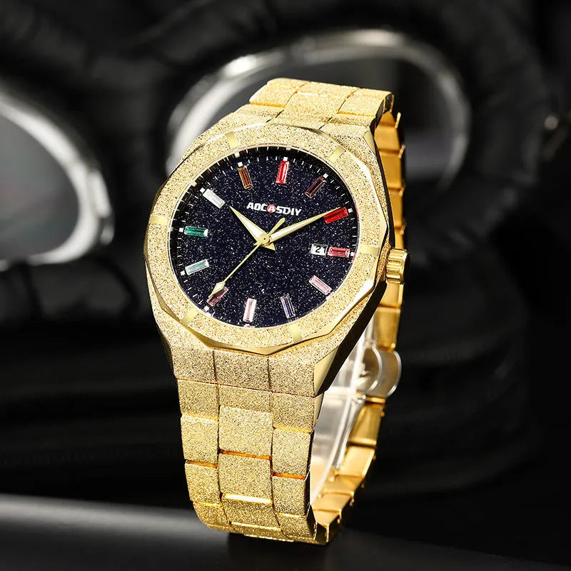 Full diamond-set luxury oak men's watch in gold finish with quartz movement and 11mm case thickness