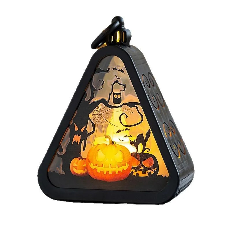 Halloween pumpkin lantern plastic decoration with castle, ghost hand, pumpkin, and witch colour variations