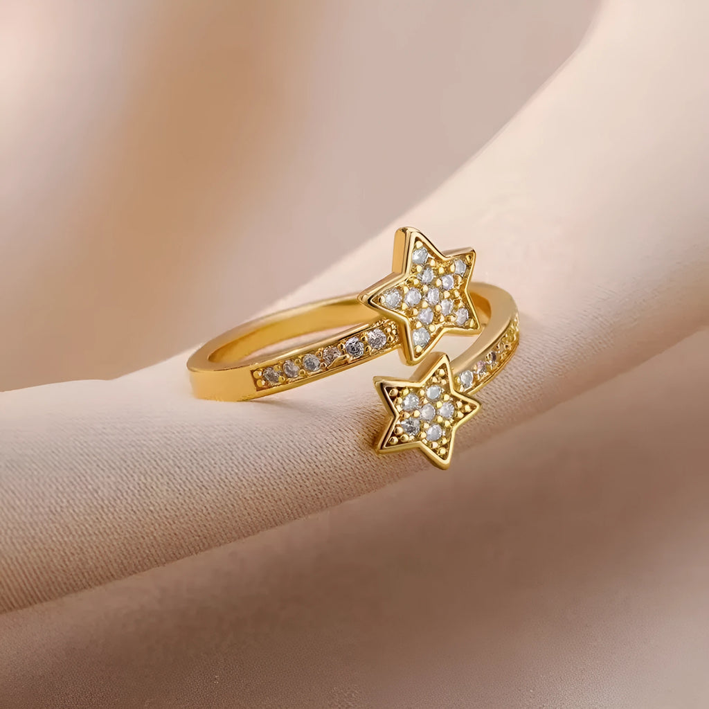 Gold cold style zircon star open-end ring and bracelet set for women on copper