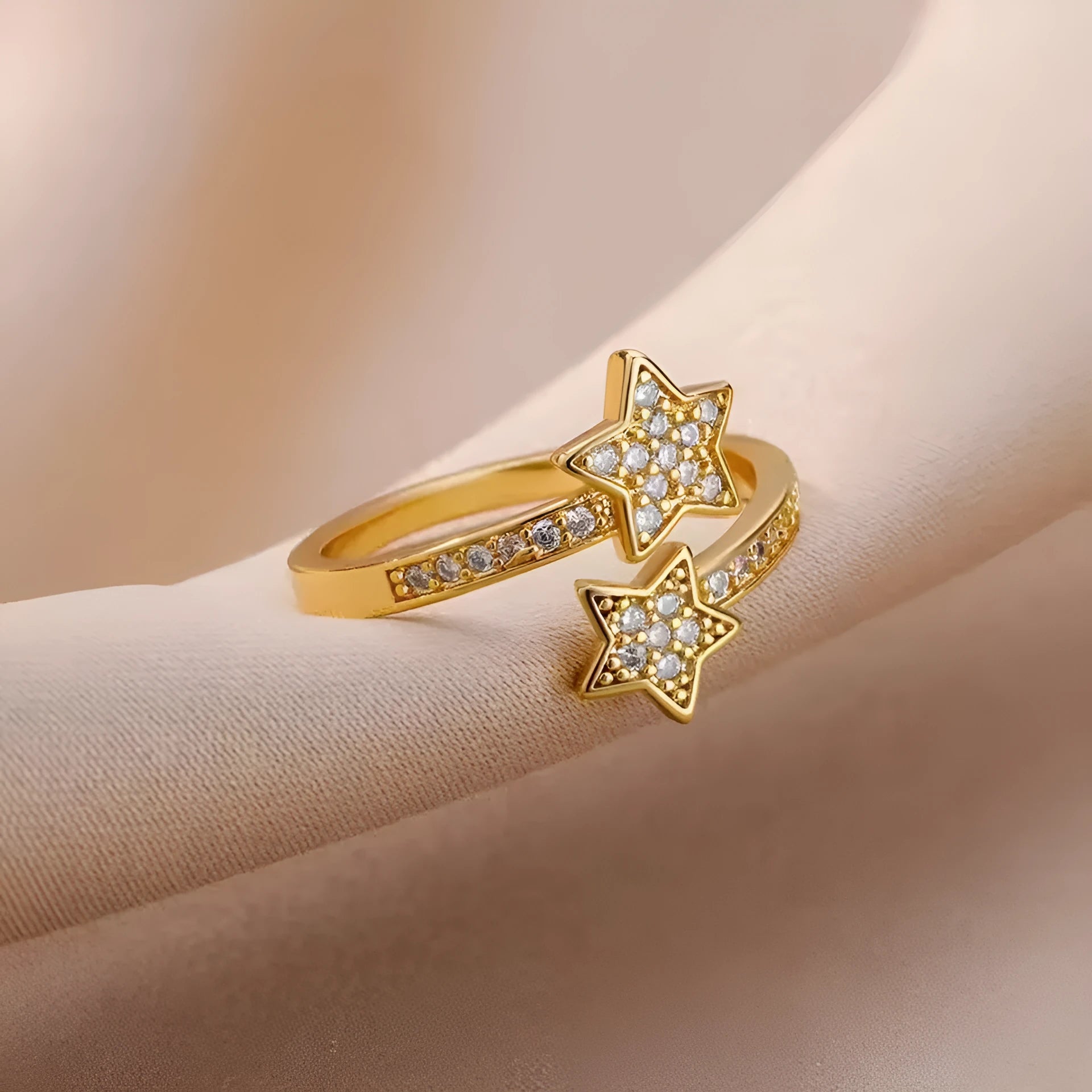 Gold cold style zircon star open-end ring and bracelet set for women on copper
