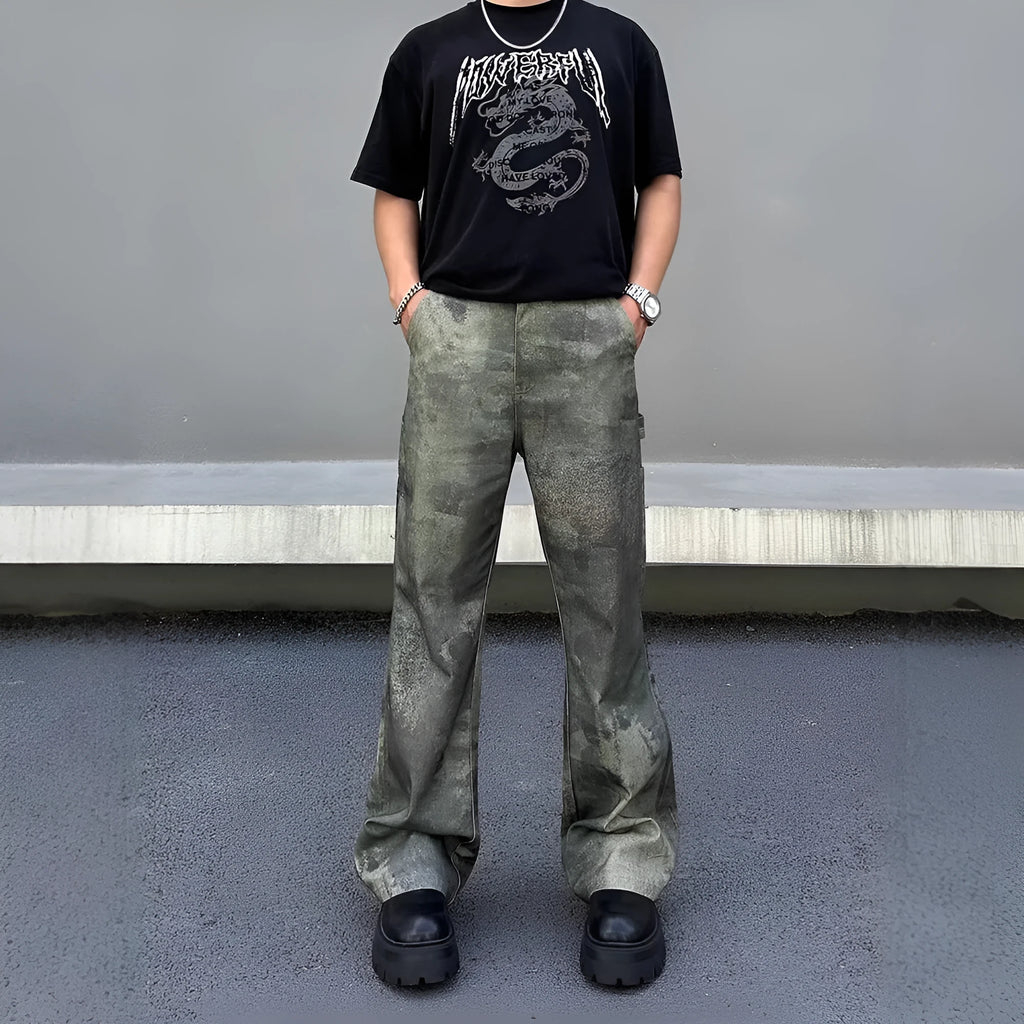 Men's straight leg jeans with digital camouflage pattern in denim fabric
