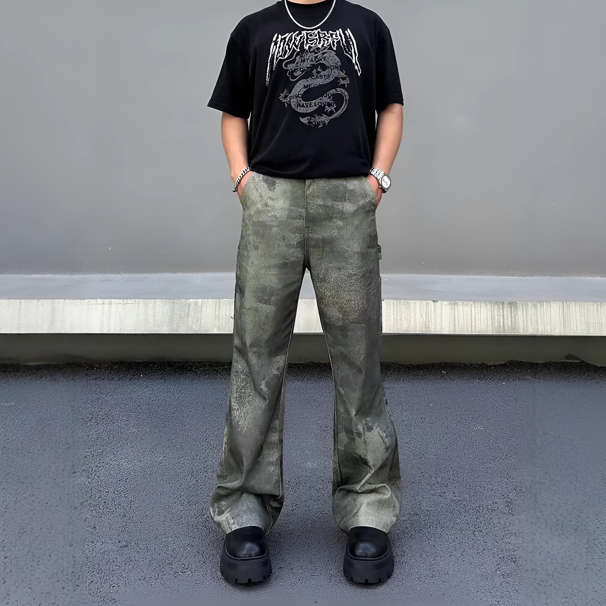 Men's straight leg jeans with digital camouflage pattern in denim fabric