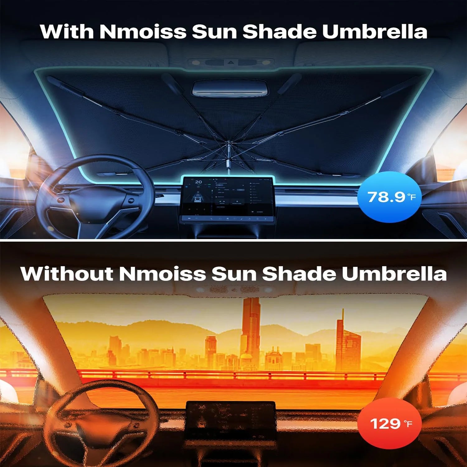 Silver windshield sun shade umbrella with spring structure edge for car interior sun protection