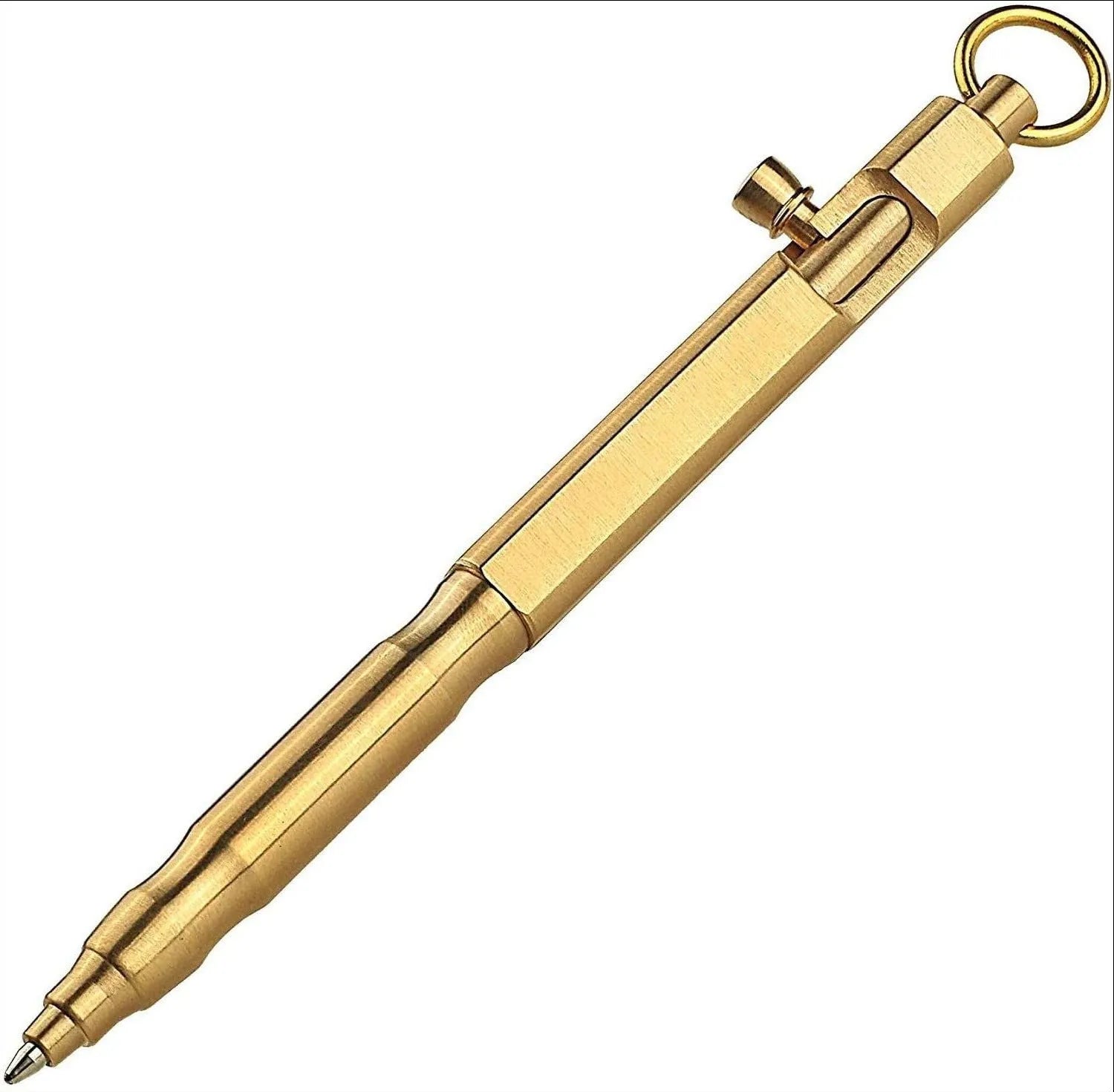 Brass hexagonal bolt tactical pen showing machined details and hexagonal design