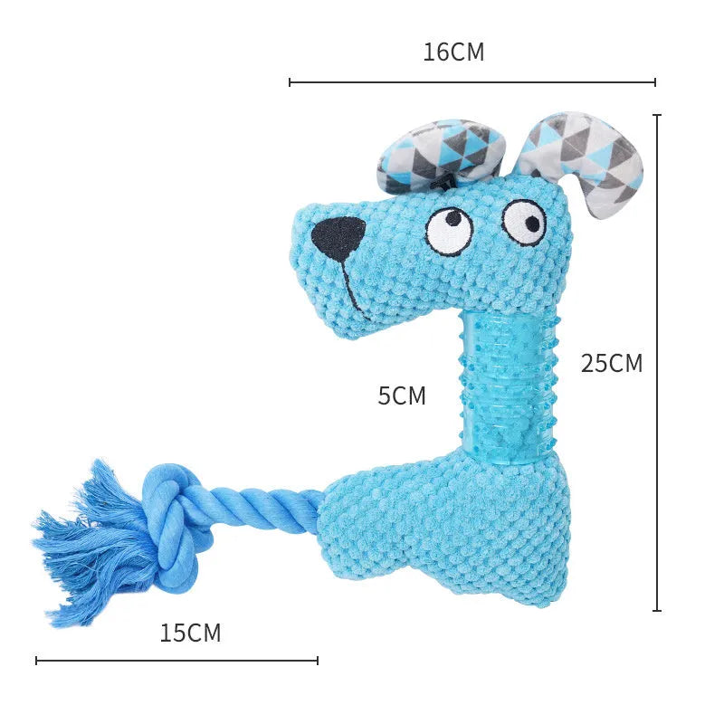 Blue corn kernel TPR dog squeaky toy with cotton rope tail on white background