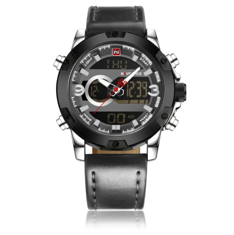 Men's leather digital army military sport watch with 46.5mm round alloy case and pin buckle