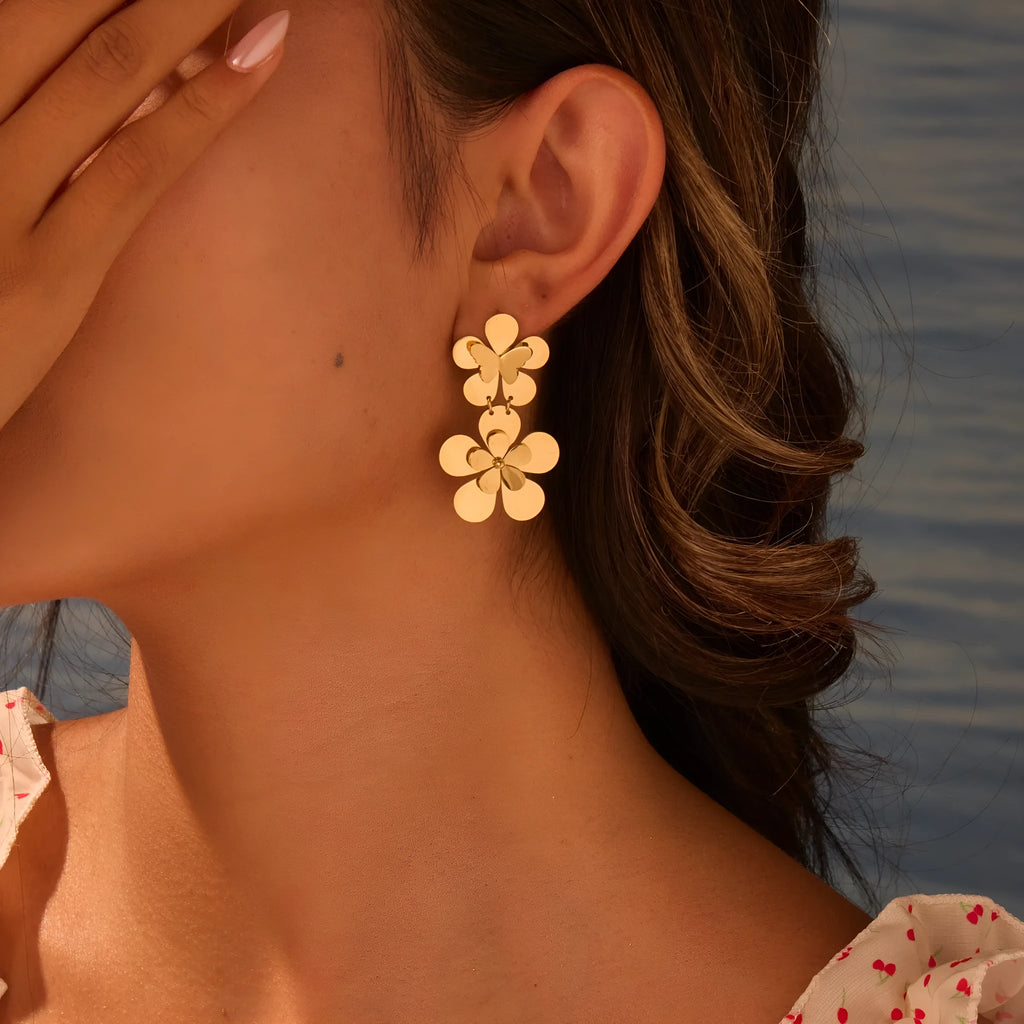 Gold electroplated butterfly flower earrings for women with stainless steel construction and animal zodiac styling