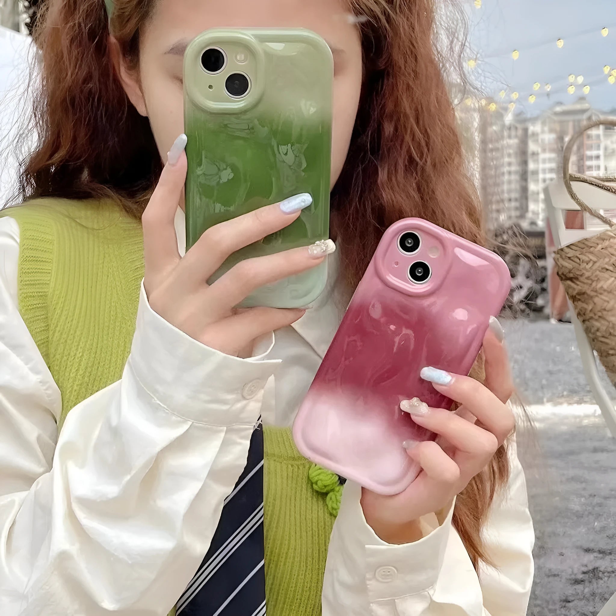 Japanese Korean style meteorite pattern blooming TPU phone case in green and pink for Apple iPhone