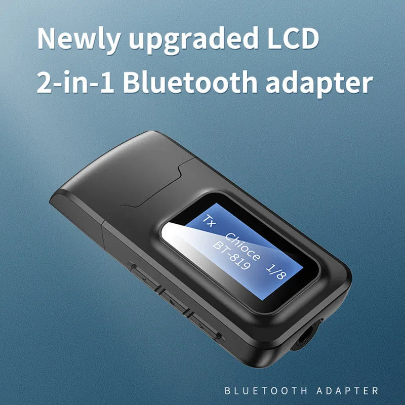 Black two-in-one Bluetooth adapter with screen display and 3.5mm audio input