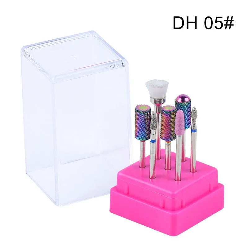Tungsten steel nail drill polishing head set with 6 bits and 1 brush in transparent case