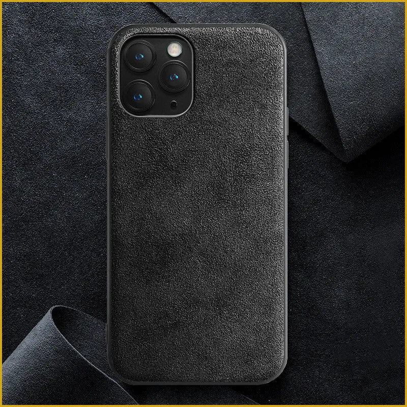 Suede full-cover back case for iPhone in elegant black, dark night green, and dark blue colour options.