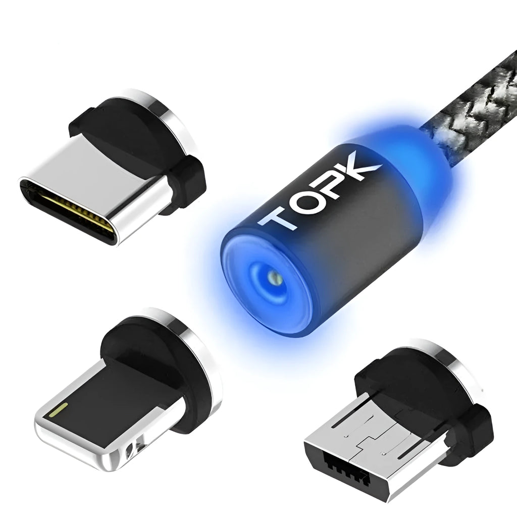Magnetic charging cable with three interchangeable plugs for Apple Android and Type-C devices