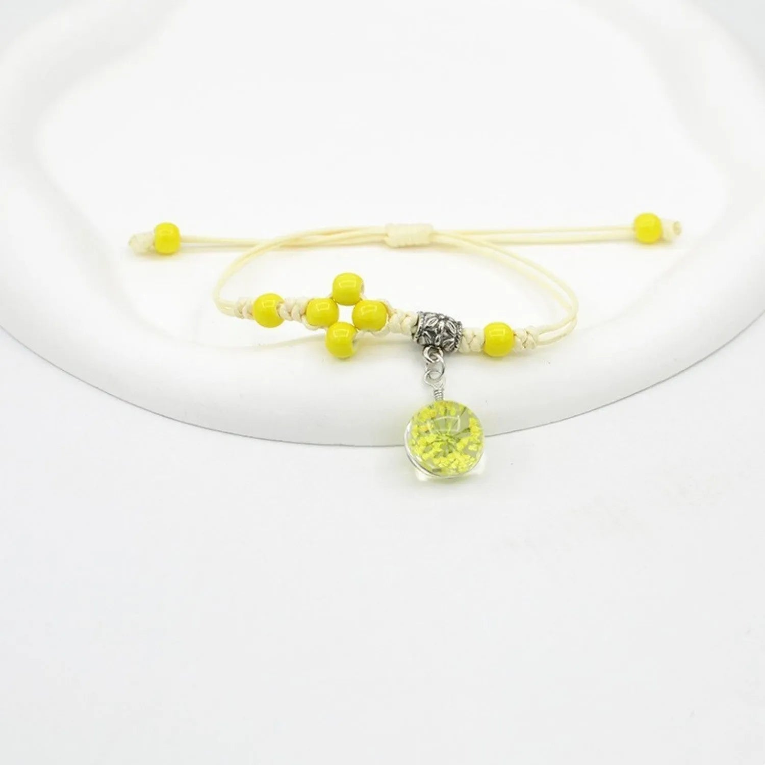 Women's hand-woven glass dried flower bracelet with large 1.4 cm beads in multiple colour options.