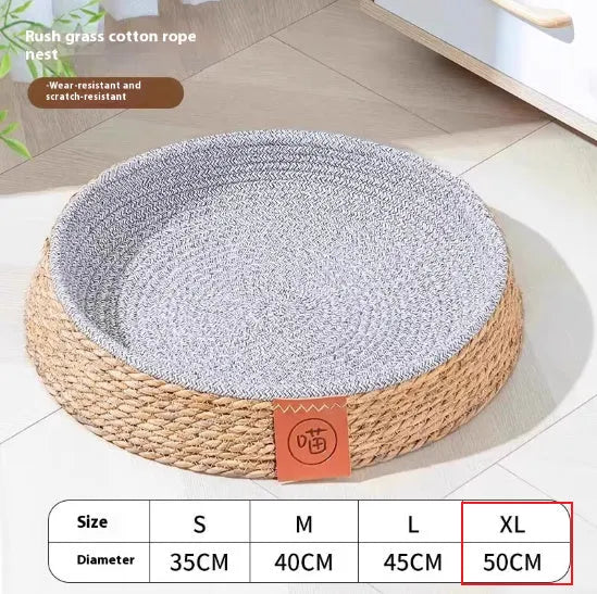 Rattan cat bed with natural open weave construction in four available sizes