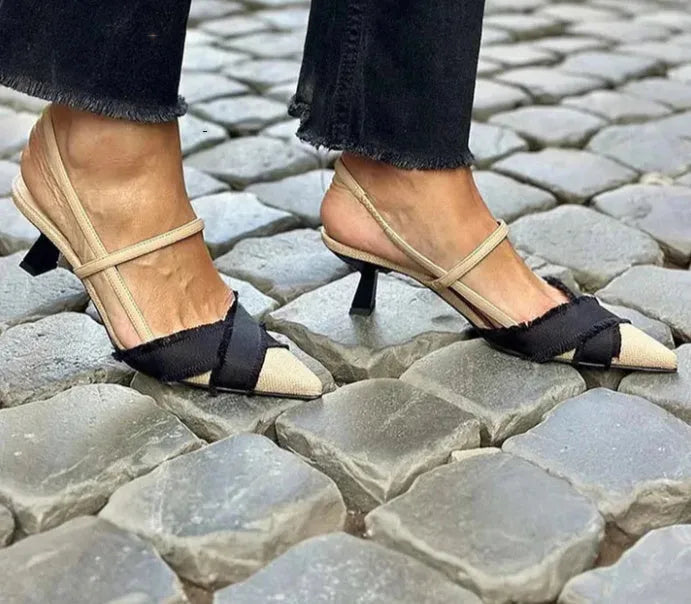 Apricot Black women's stiletto sandals with pointed toe and ankle buckle.