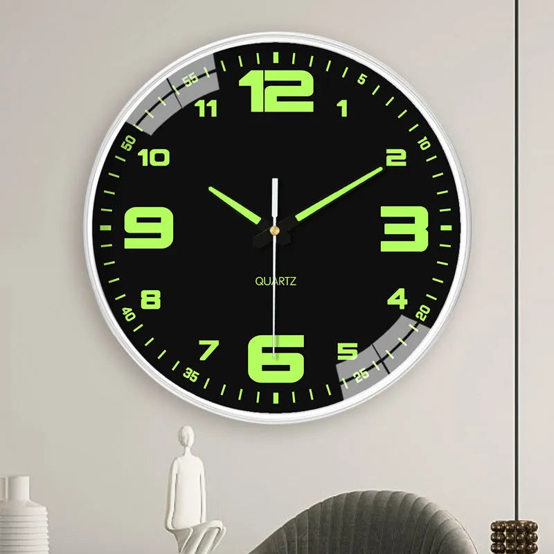 Modern 8-inch luminous wall clock with white dial on a plastic shell, mounted on a wall.