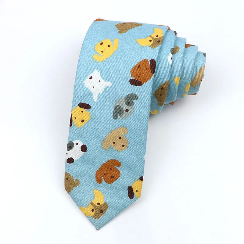 Men's narrow cotton bow tie in a cartoon print with an adjustable knot, shown in a selection of colours.