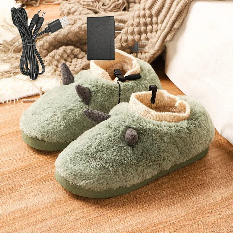 USB electric heating slippers in soft velvet, showing adjustable temperature controls and a connected USB cable.