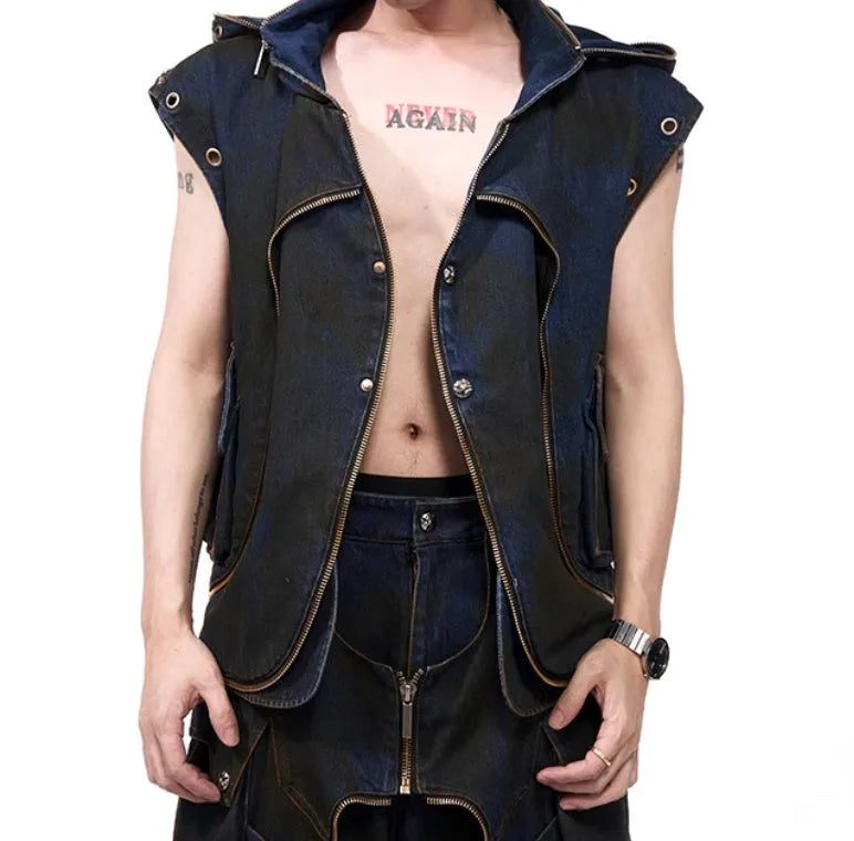 Blue hooded denim vest coat and matching trousers set with zipper front closure