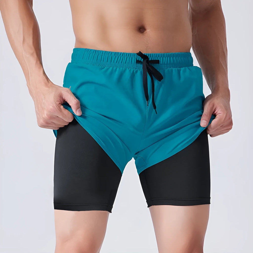 Men's double layer quick dry sports shorts with spandex liner, polyester outer, elastic waistband, available in gray, black, blue, black and white sizes M to 6XL