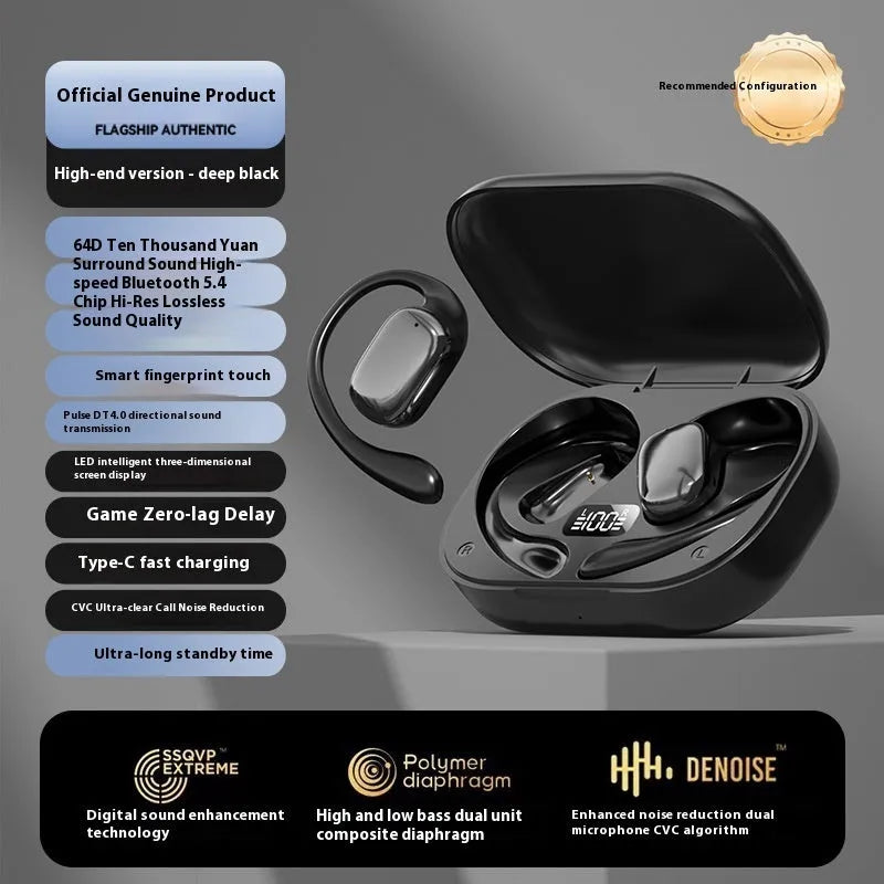 Ear-mounted wireless headphones with a digital display screen on the earpiece.
