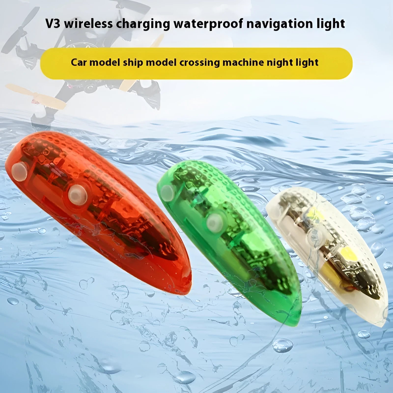 V3 wireless charging waterproof navigation light for RC models in red, green, and white colours.