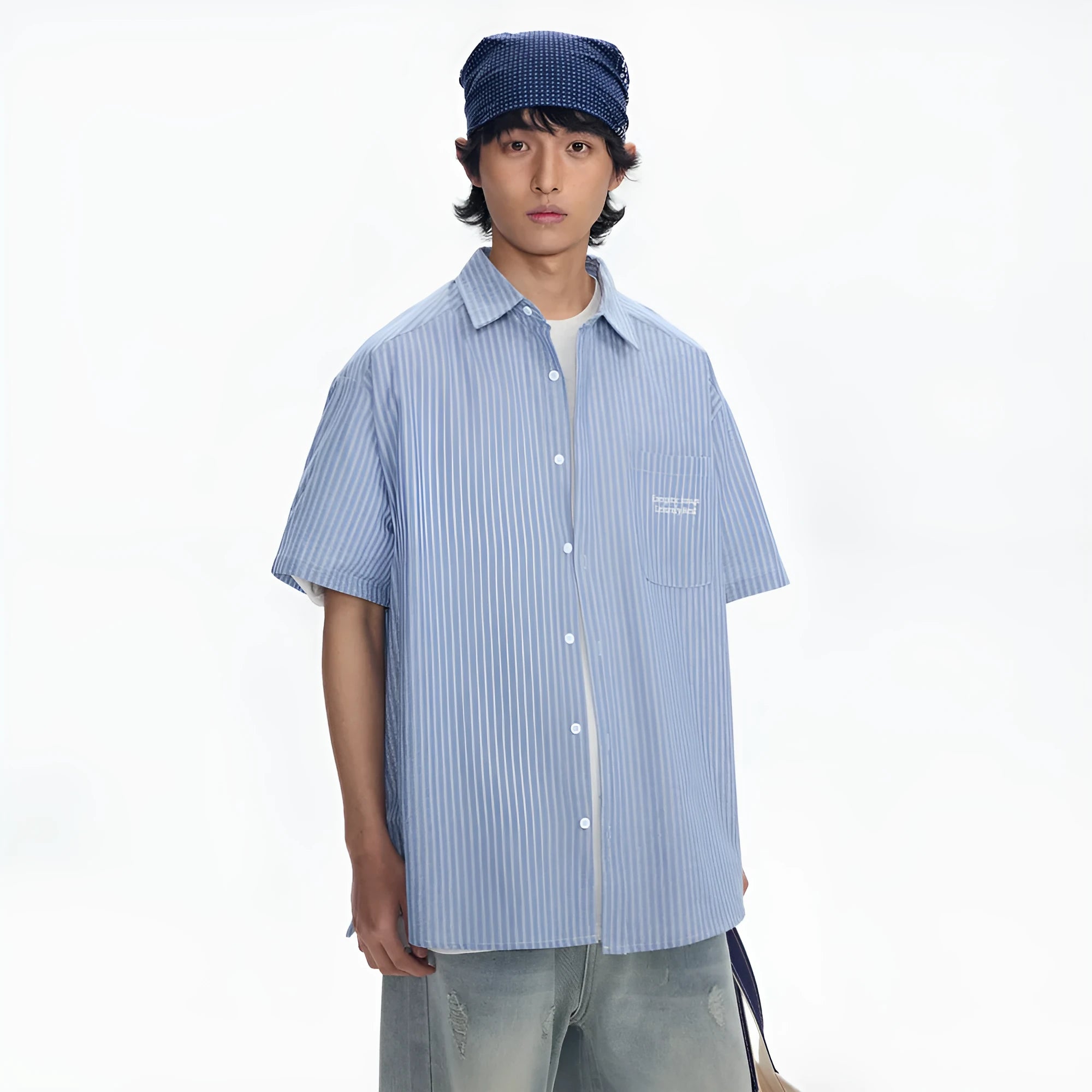 Blue striped short-sleeved overalls shirt in loose cardigan style for men and women