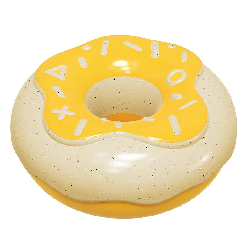 Pink, yellow, and chocolate TPR donut-shaped dog toy with squeaker.