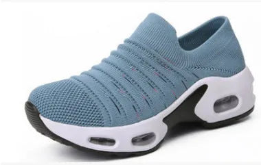 Plus size fly-knit socks shoes with mesh upper and low heel in dark blue colour