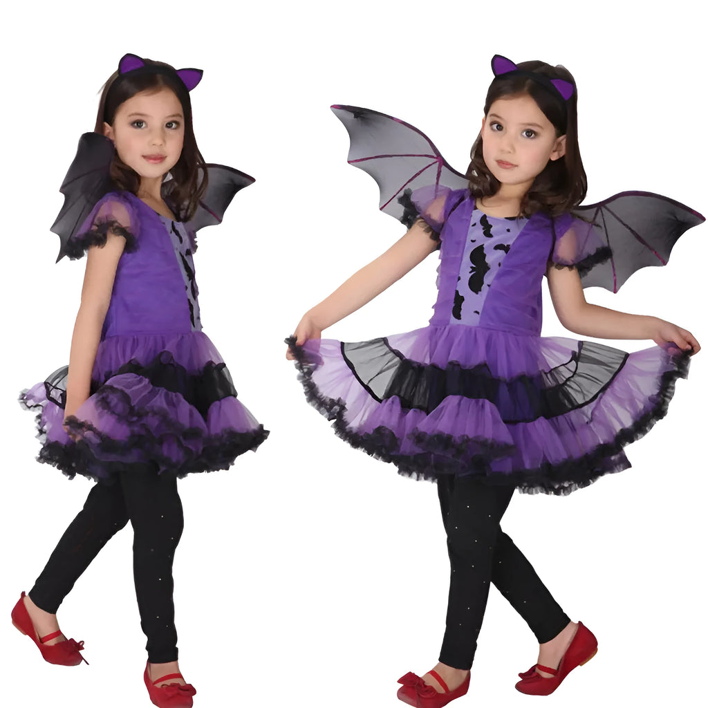 Children's purple spandex Halloween dress with stretch fabric, available in sizes 100cm to 160cm