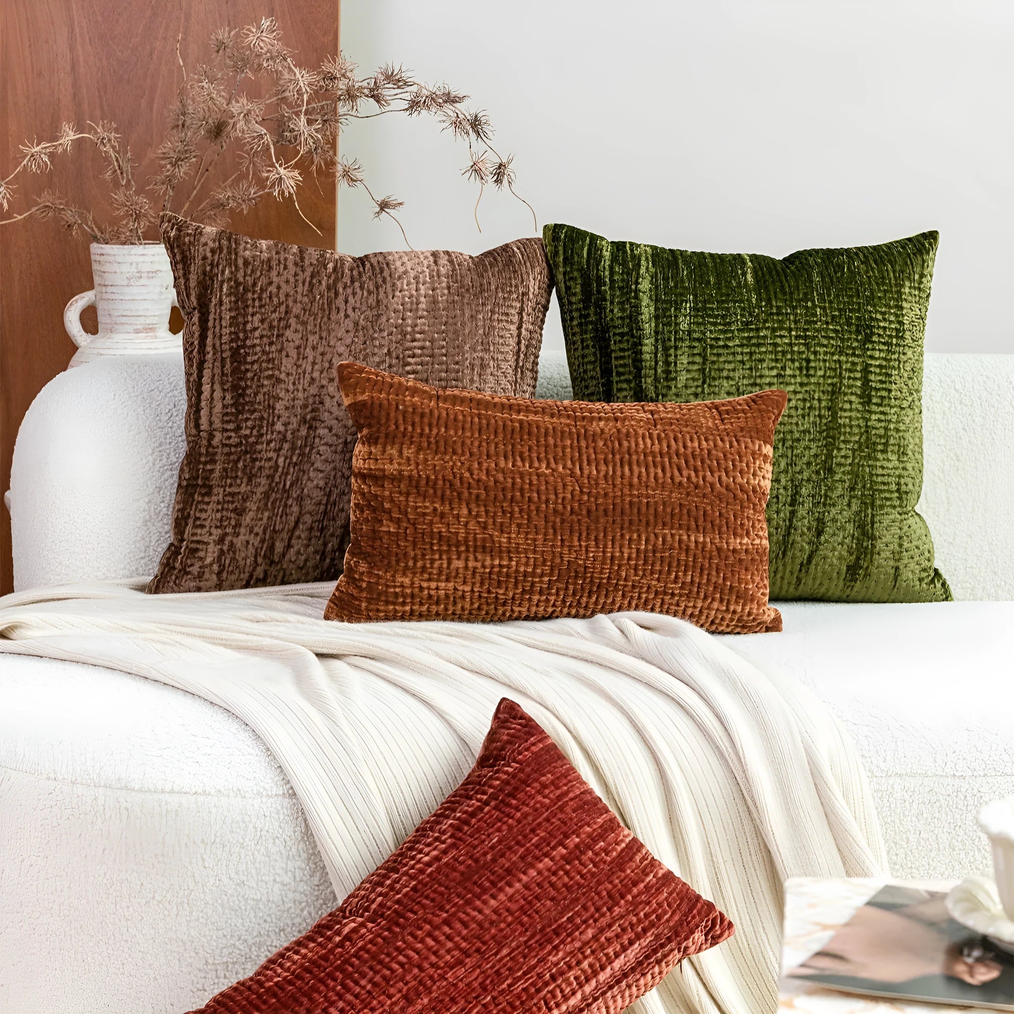 Chinese style antique modern quilted cushion pillow in velvet, shown in square and waist sizes.