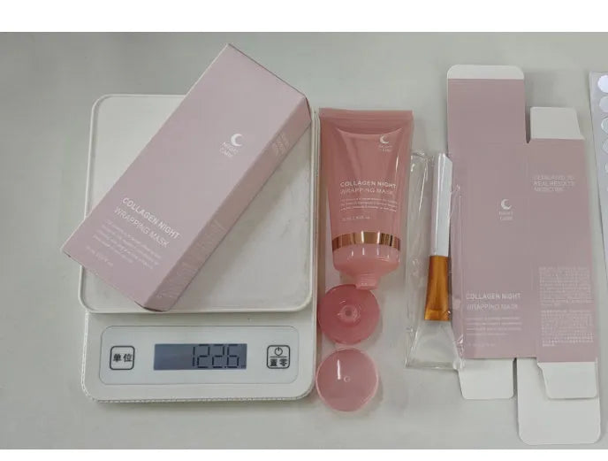 75ml bottle of collagen night face mask with an application brush on a white background.