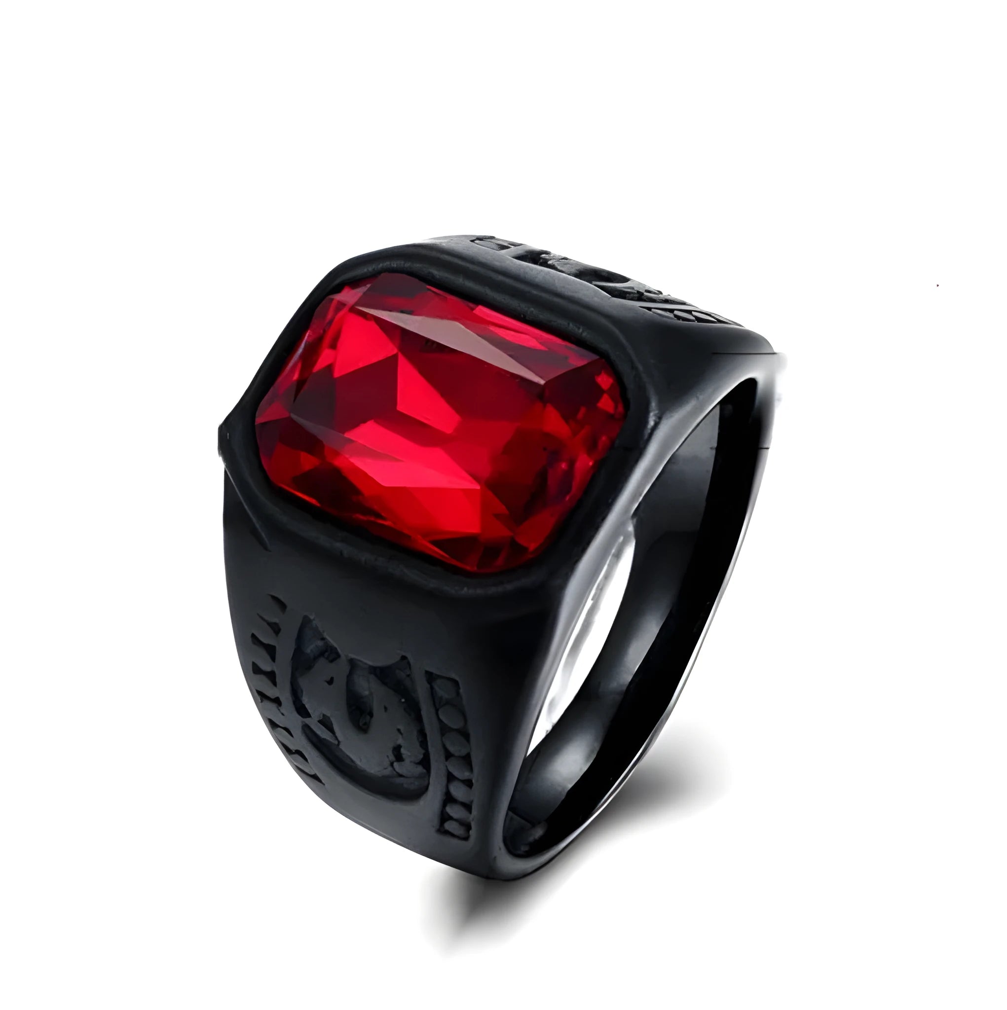 Vintage red stone black alloy ring with geometric electroplated finish, punk gothic style, available in multiple sizes