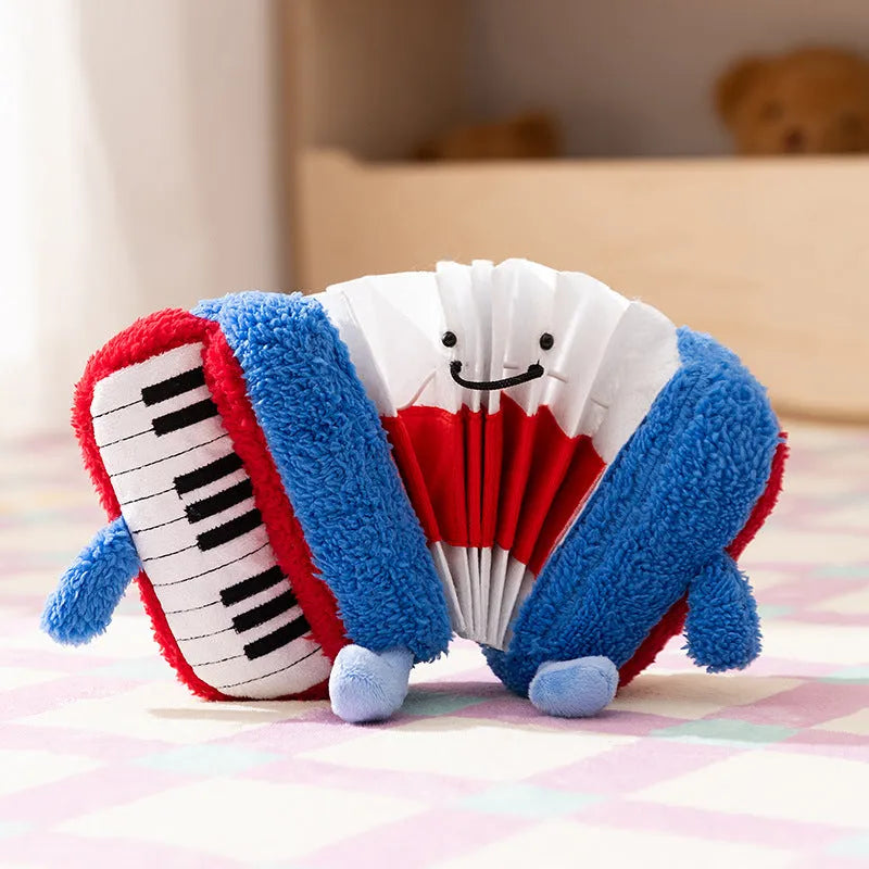 Accordion-shaped dog squeak toy in blue and white for interactive play and stress relief
