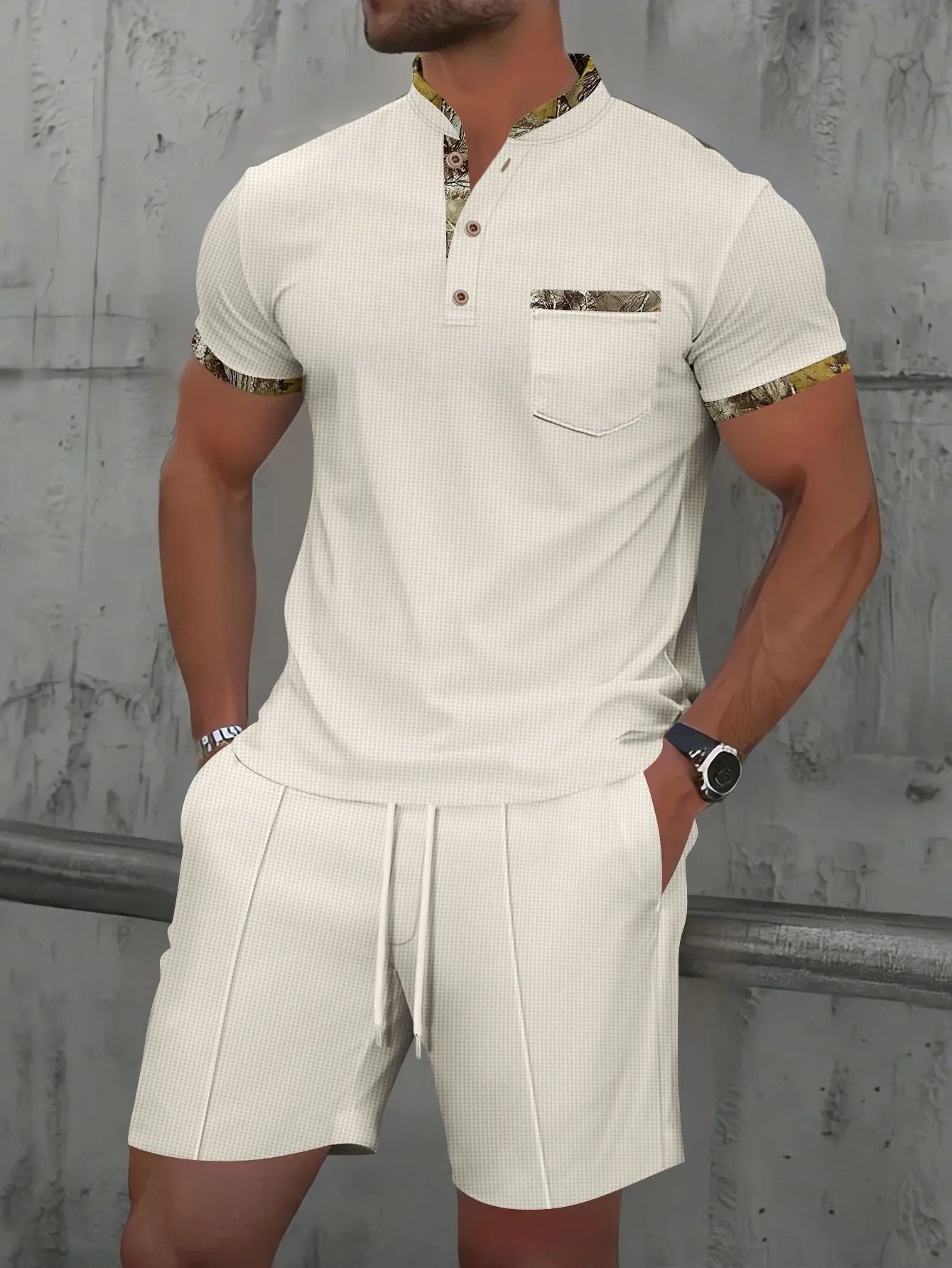 Men's grey waffle zipper polo collar short sleeve top and matching shorts laid flat