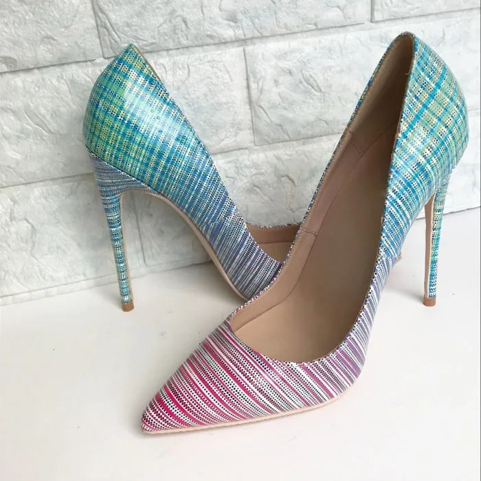 Ladies pointed toe super high heel shoes in gradient pink and blue patent leather