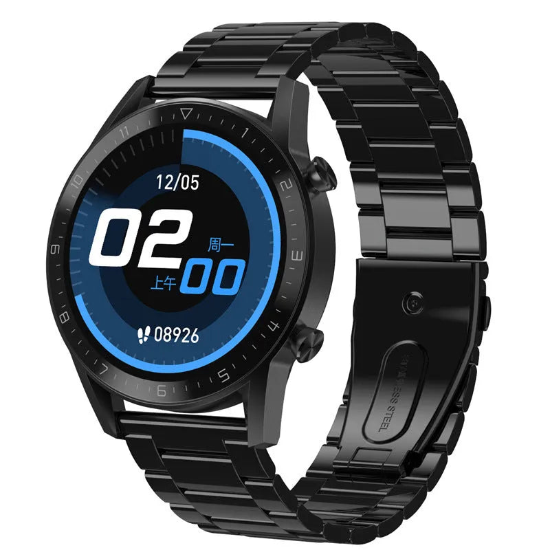 Multifunctional sports watch with black genuine leather strap and 1.3-inch touch screen display